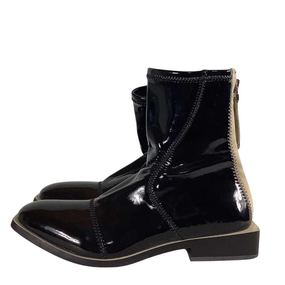Fendi Roma Black Patent Leather Two Tone Ankle Boots Square Toe Size 38.5